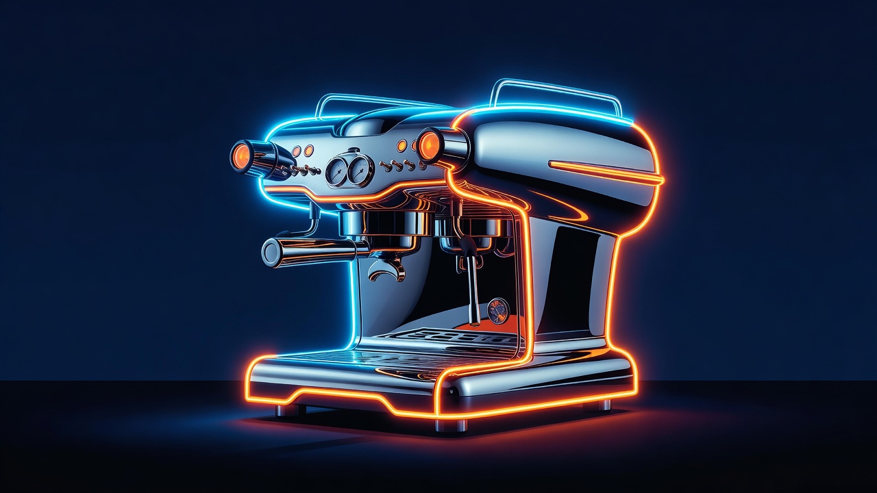 Retro-futuristische chromen espressomachine met neon