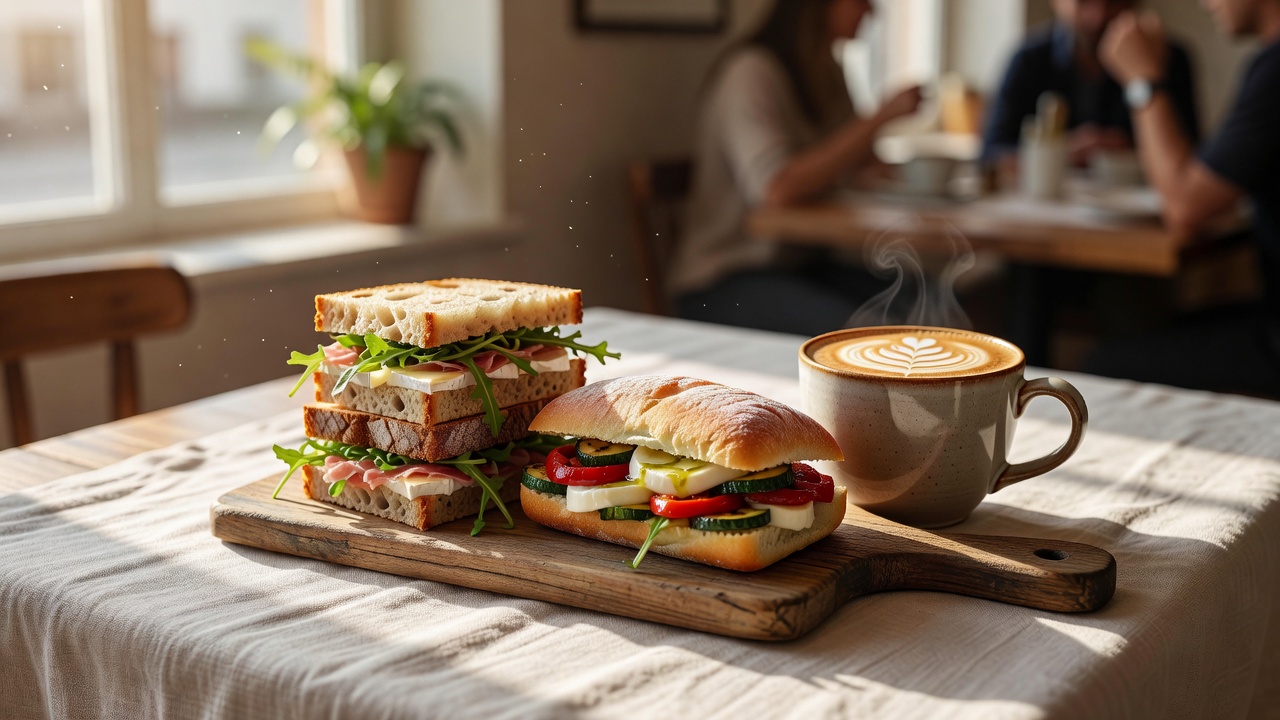 Zonovergoten lunchtafel met verse boterhammen en latte