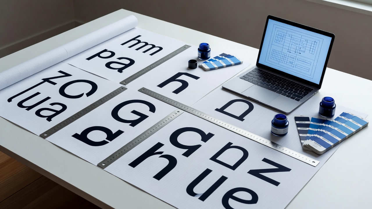 De werkbank van de studio: rasterpapier, letterproeven en kobaltblauwe inkt